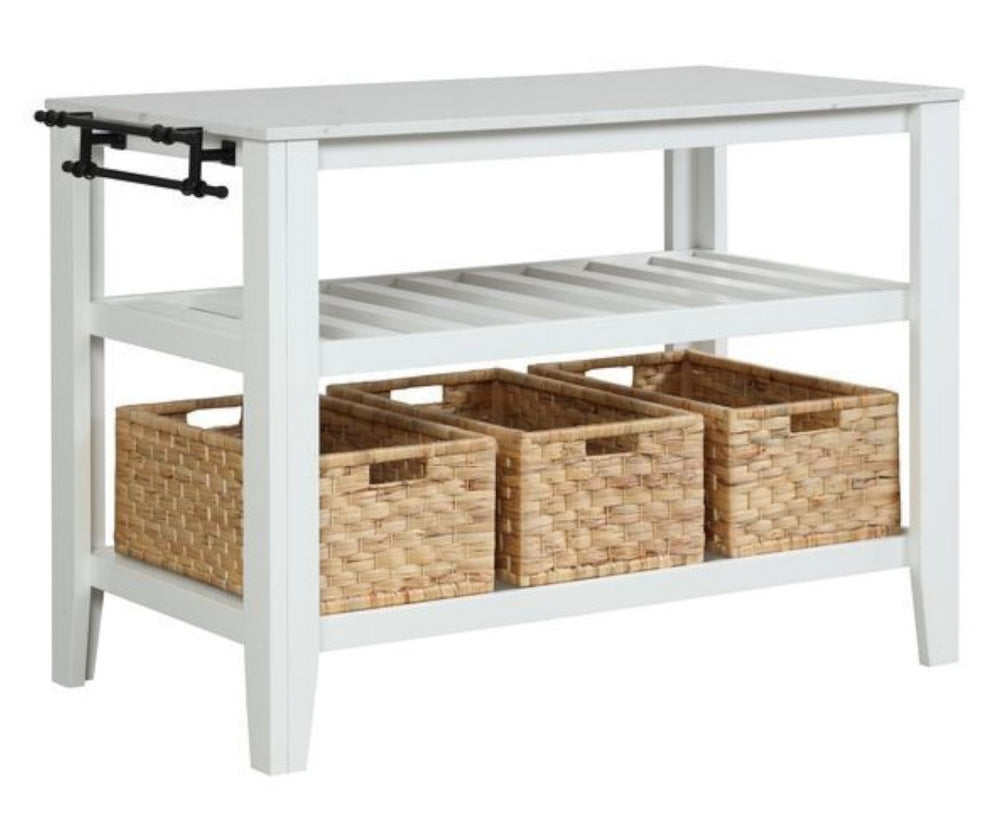 Sezye White Wood/Artificial Marble Kitchen Island with Baskets