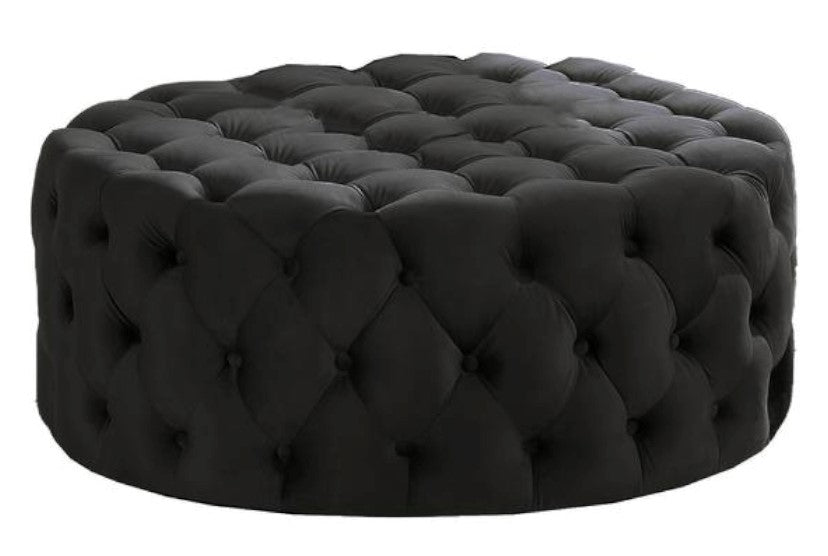 Sherlyn Black Velvet Round Accent Ottoman