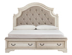 Realyn Neutral Fabric/Chipped White Wood Cal King Storage Bed (Oversized)