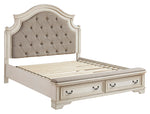 Realyn Neutral Fabric/Chipped White Wood Cal King Storage Bed (Oversized)