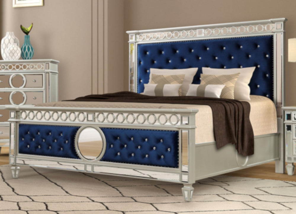 Silvana Blue Fabric/Silver Wood King Bed