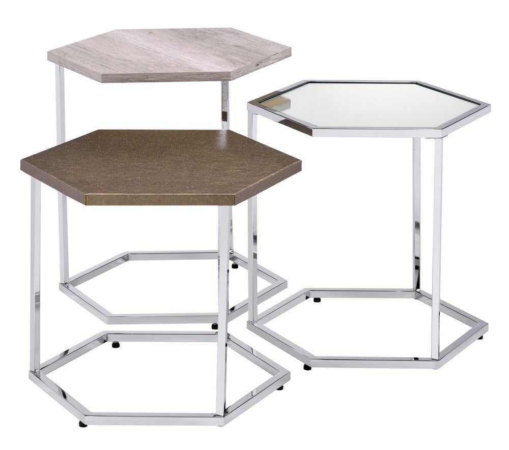 Simno 3-Pc 2-Tone Wood/Chrome Metal Nesting Table Set