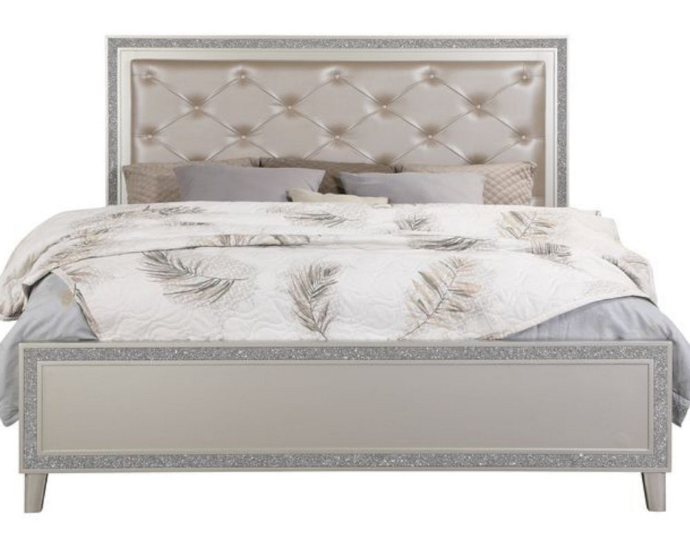 Sliverfluff Champagne Wood Cal King Bed with PU Leather Headboard