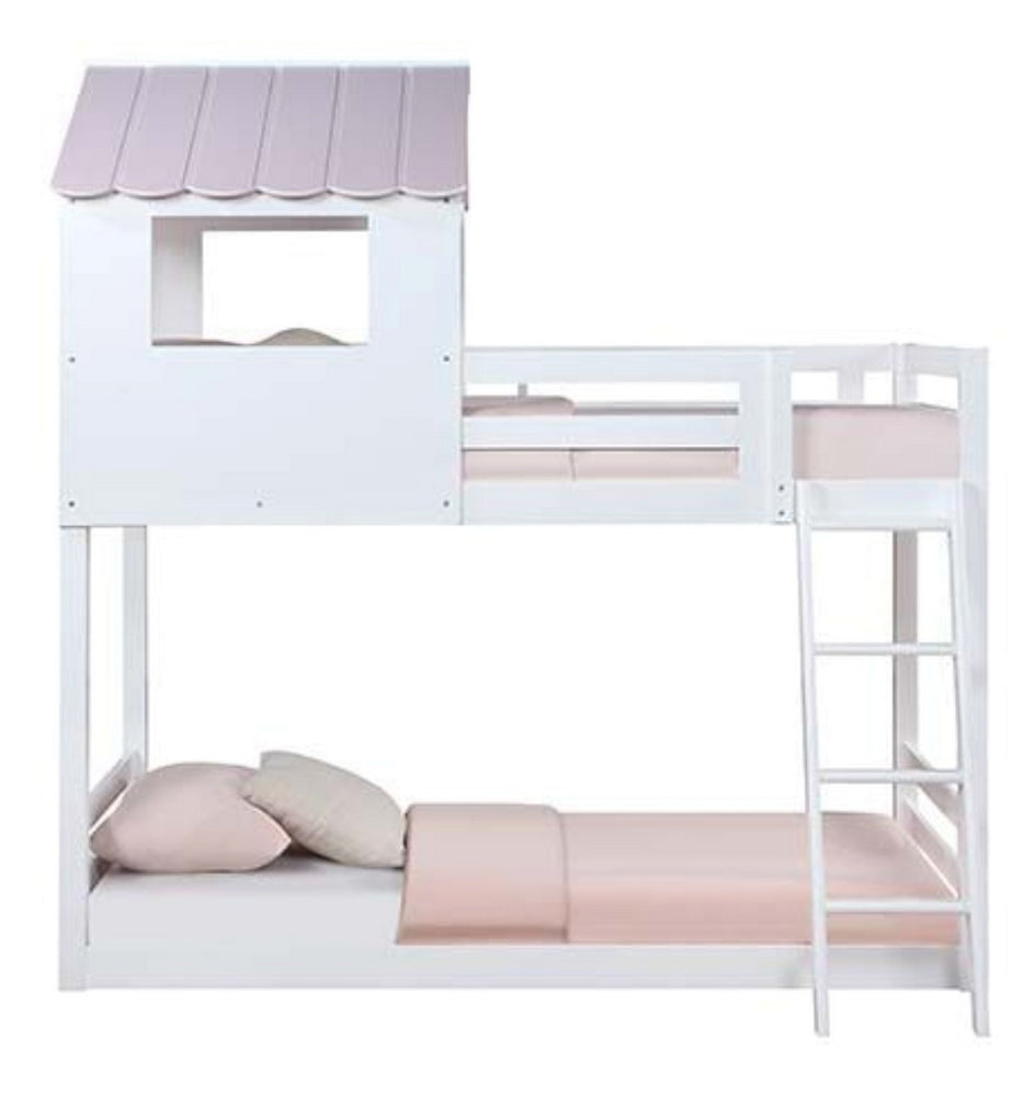 Solenne White/Pink Wood Twin over Twin Bunk Bed