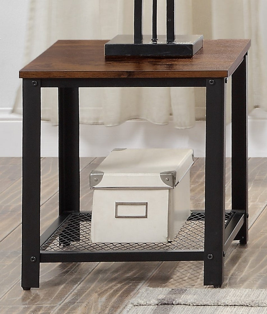 Taurus Rustic Oak Wood/Black Metal End Table with Mesh Shelf