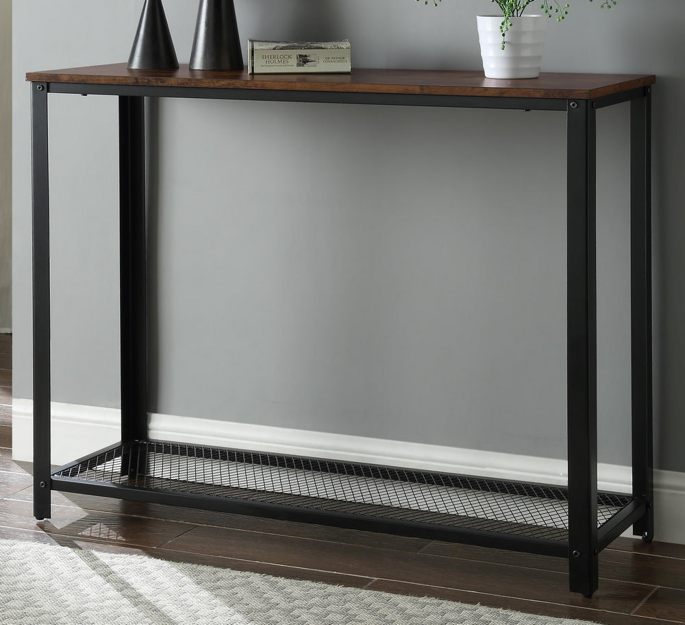 Taurus Rustic Oak Wood/Black Metal Sofa Table with Mesh Shelf