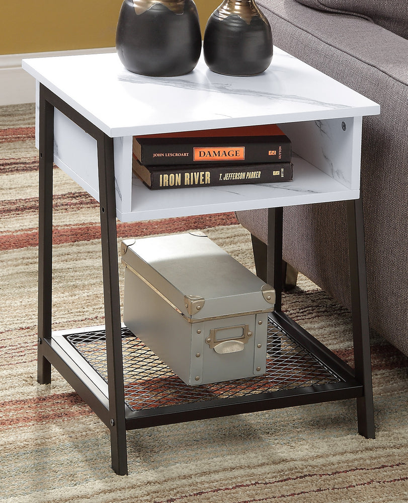 Taurus White Faux Marble Print Wood/Black Metal Accent Table