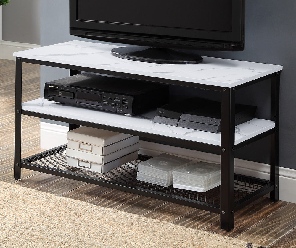 Taurus White Faux Marble Print Wood/Black Metal TV Stand