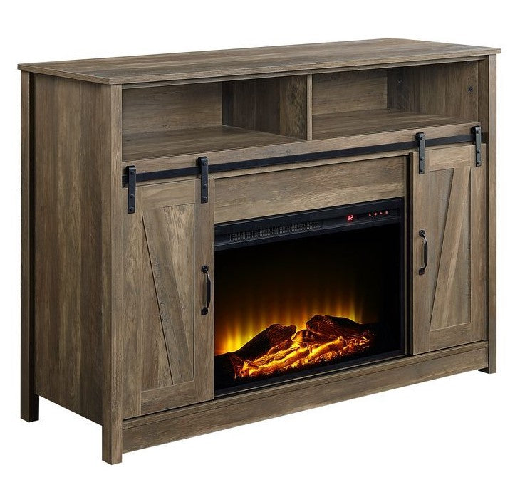 Tobias Rustic Oak Wood TV Stand with Fireplace & Open Storages