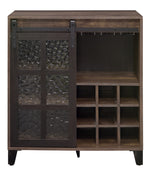 Treju Rustic Oak Wood Wine Cabinet with Glass Sliding Barn Door