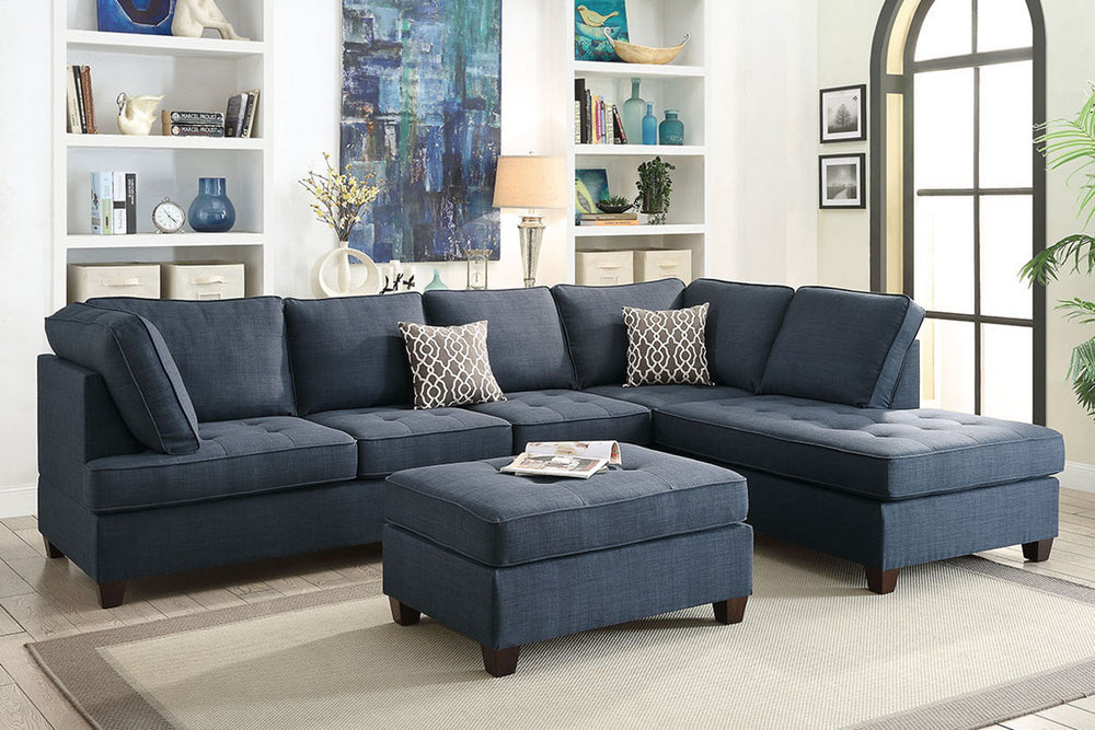 Vanessa Dark Blue Fabric Reversible Sectional with Ottoman