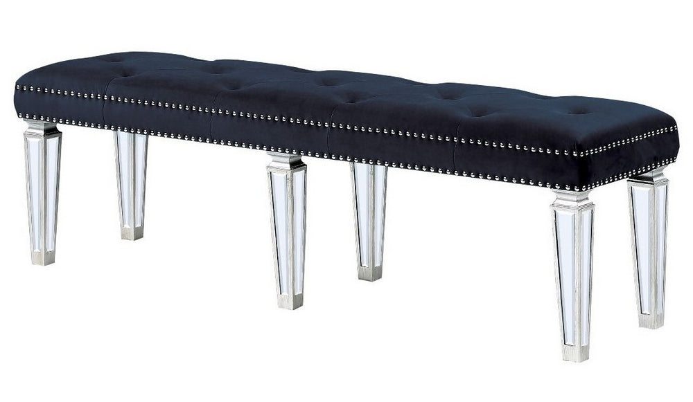 Varian Black Velvet/Mirrored Bench with Nailhead Trim