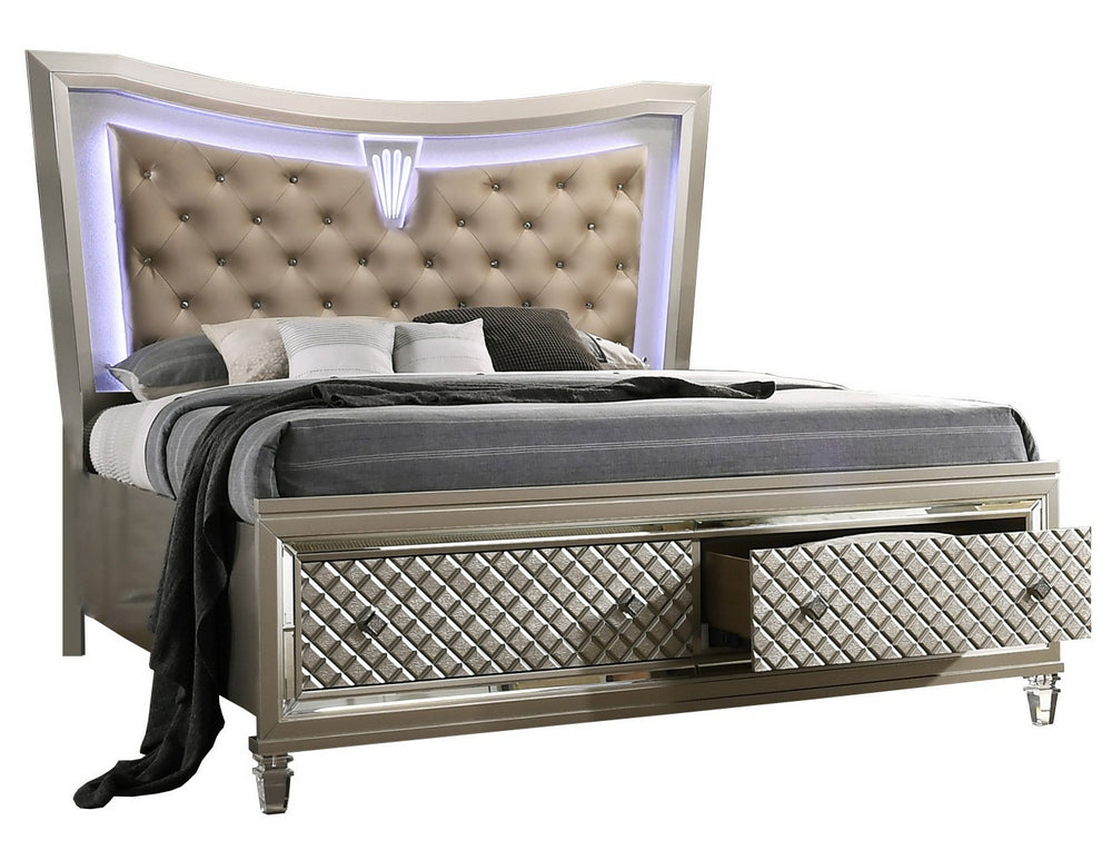 Venetian Champagne Wood King Bed with LED