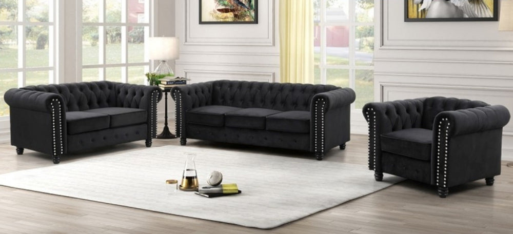 Venice 3-Pc Black Velvet Tufted Sofa Set