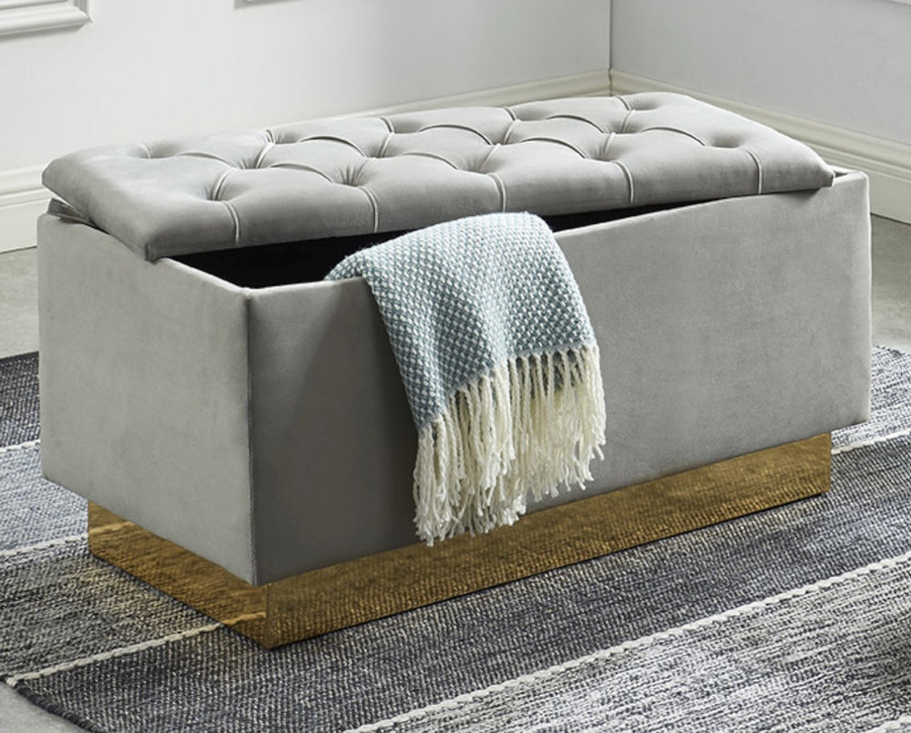 Viola Grey Velvet Tufted Bench with Storage