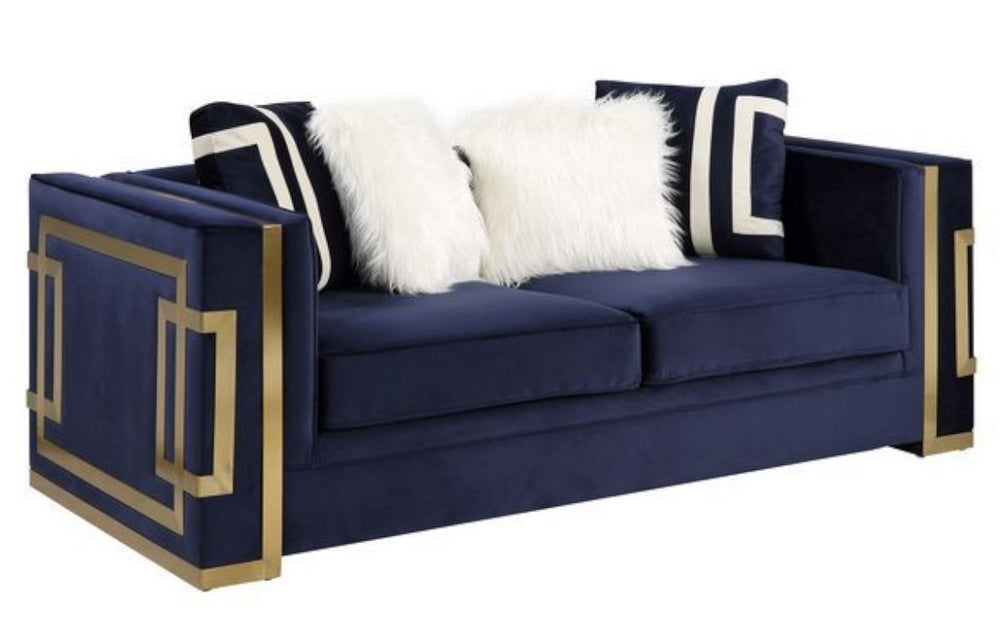 Virrux Blue Velvet Loveseat with Gold Accents