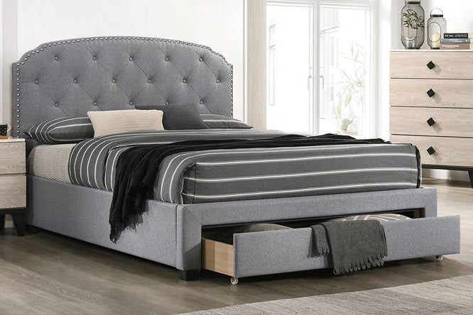 Wynry Light Grey Linen Fabric Full Platform Storage Bed