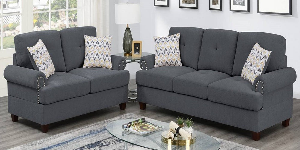 Yasmine 2-Pc Ash Grey Chenille Sofa Set with Nailheads