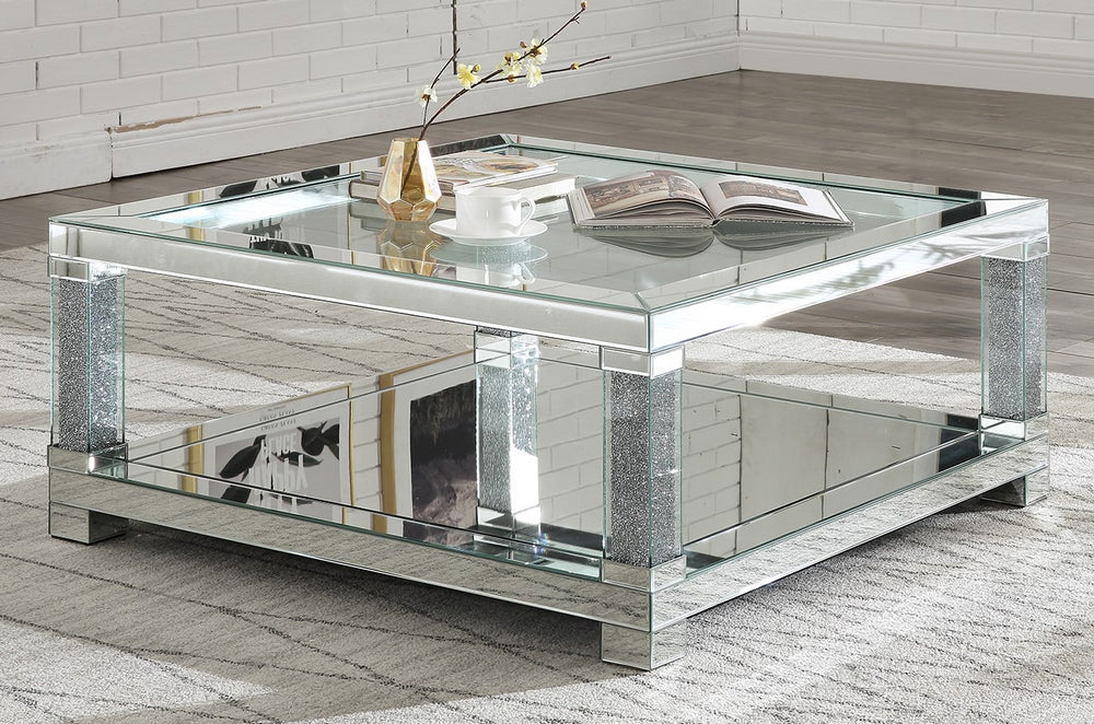 Noralie Mirrored Square Coffee Table with Bottom Shelf