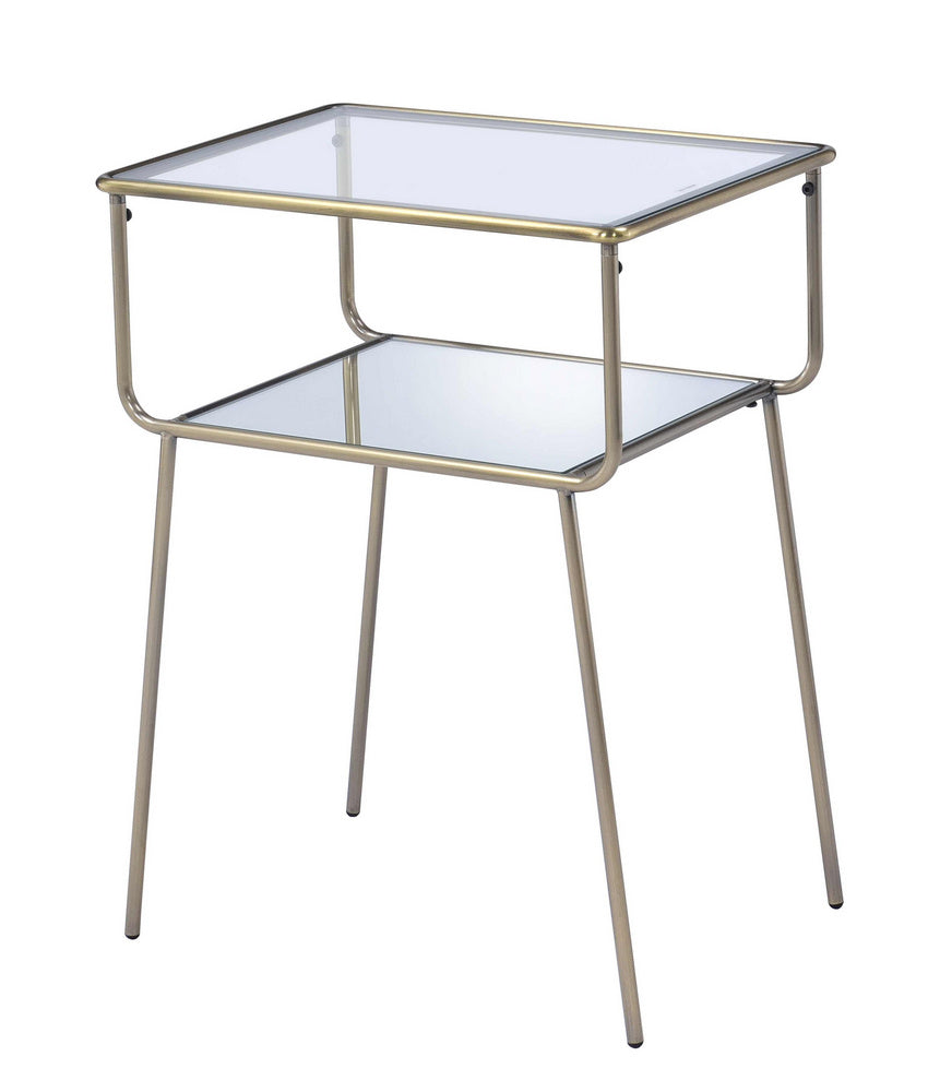 Rhodie Antique Brass Metal/Glass End Table with Mirrored Shelf