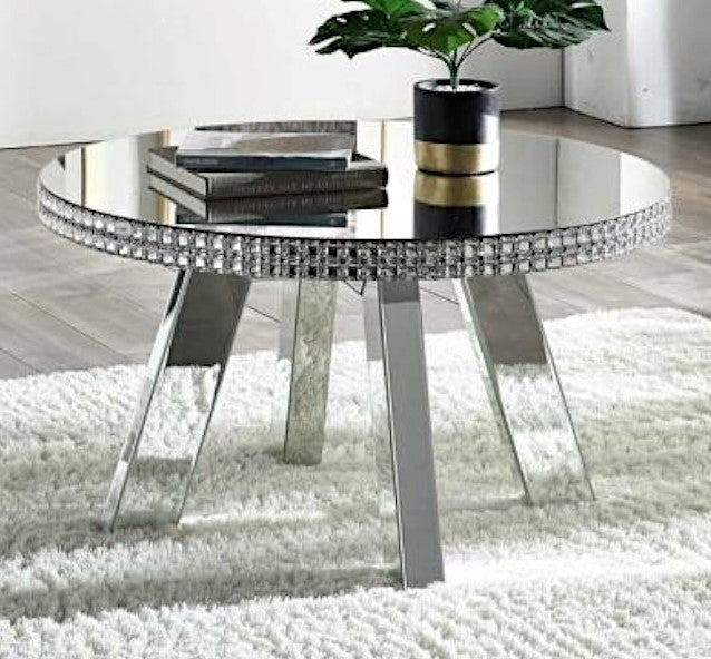 Lotus Mirrored Round Coffee Table with Faux Crystals