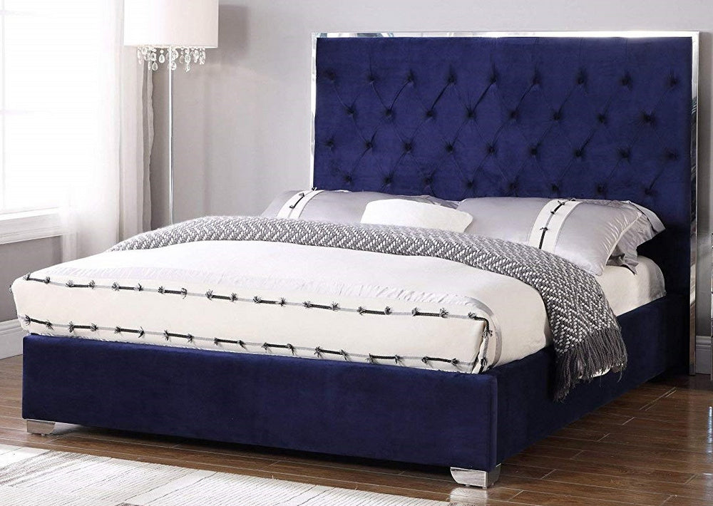 Natasha Blue Velour/Silver Metal King Bed (Oversized)