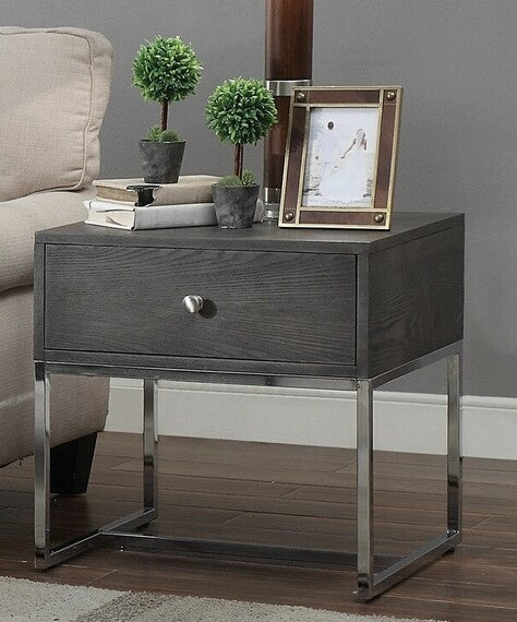 Iban Gray Oak Wood/Chrome Finish Metal Rectangular End Table