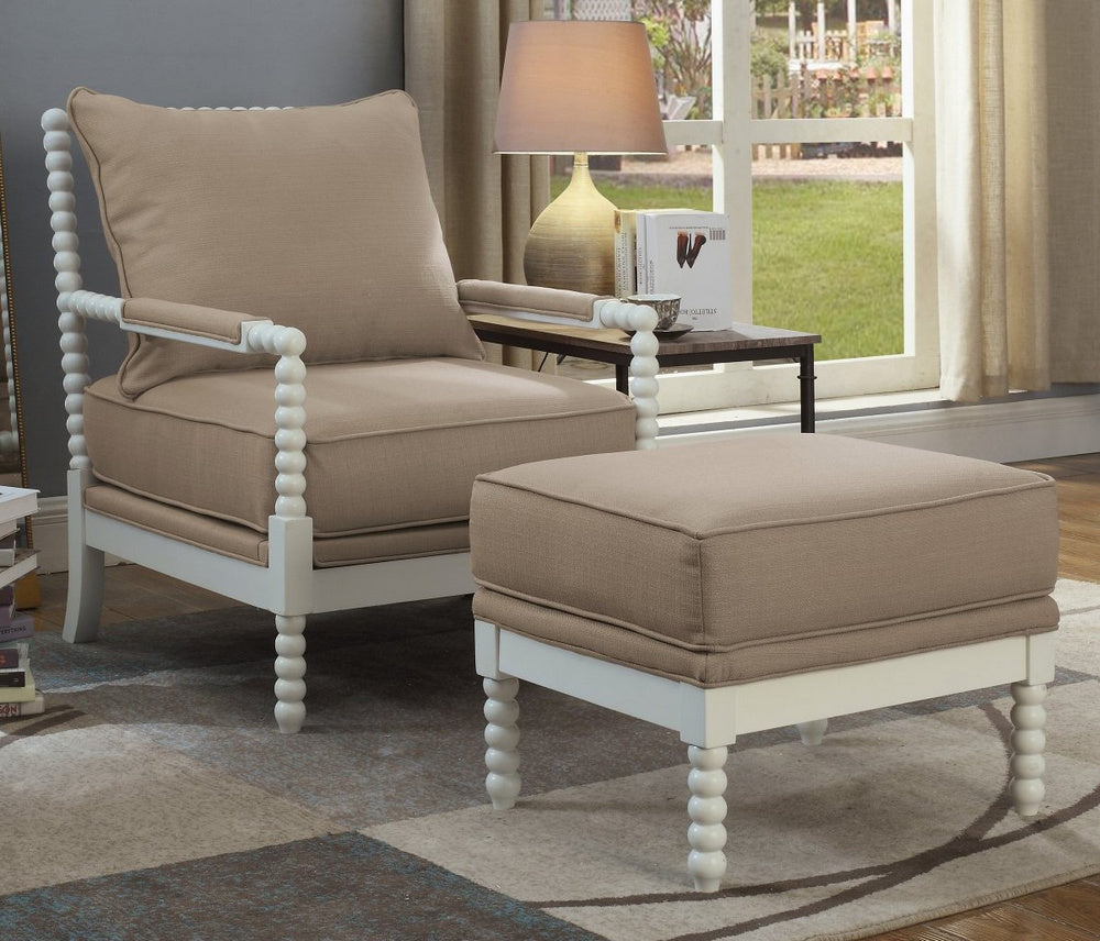 West Palm Beige Fabric/White Wood Accent Chair with Ottoman