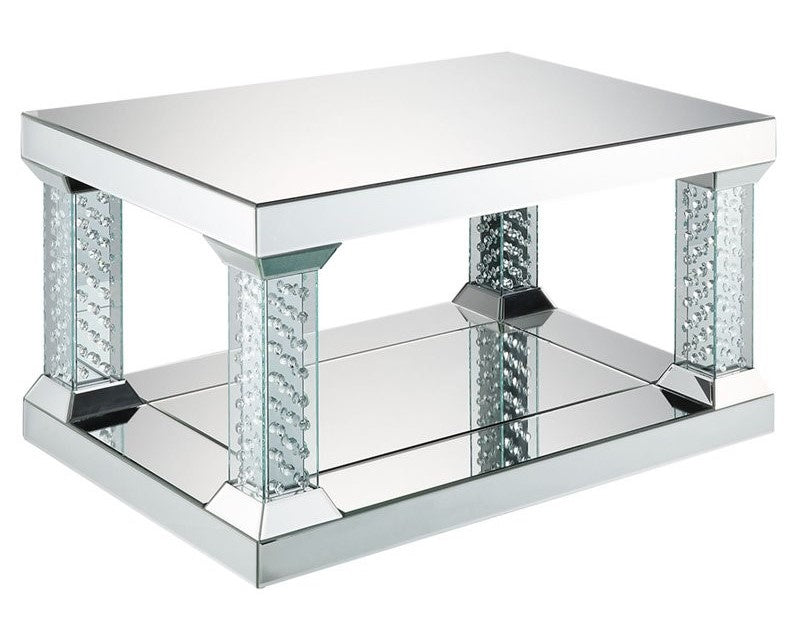 Nysa Mirror/Glass Coffee Table with Faux Crystals Inlay