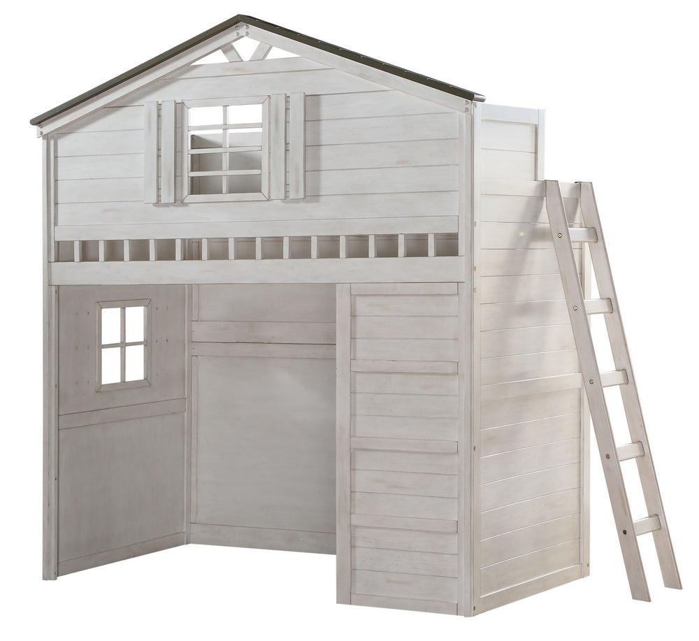 Tree House Weathered White/Washed Gray Wood Twin Loft Bed