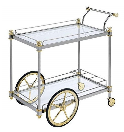 Cyiris Silver Metal/Clear Glass Serving Cart with Gold Accents