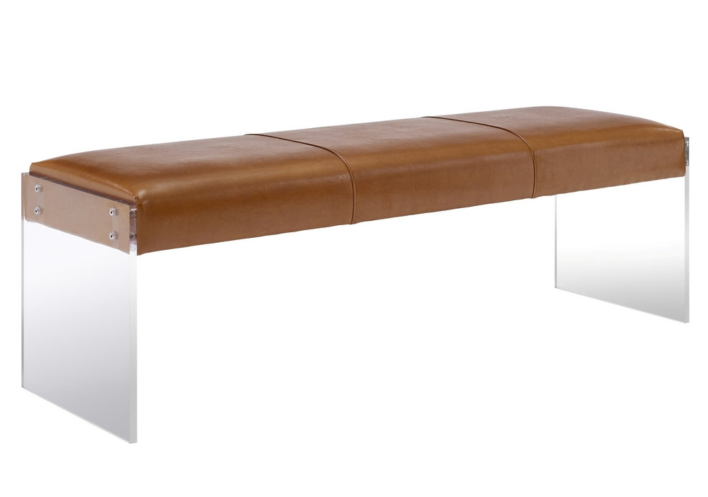 Envy Brown Vegan Leather Bench with Clear Acrylic Legs