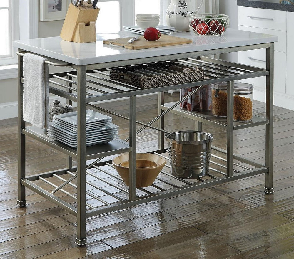 Lanzo Marble/Antique Pewter Metal Kitchen Island with 4 Shelves