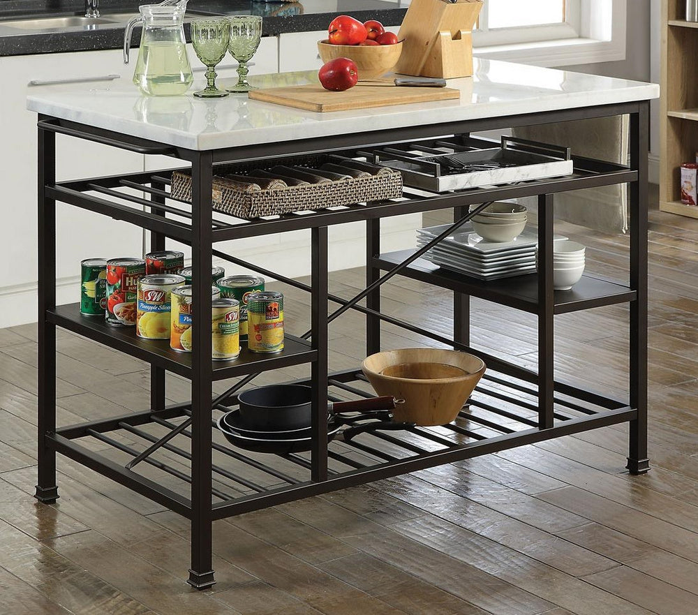 Lanzo Marble/Gunmetal Metal Kitchen Island with 4 Shelves