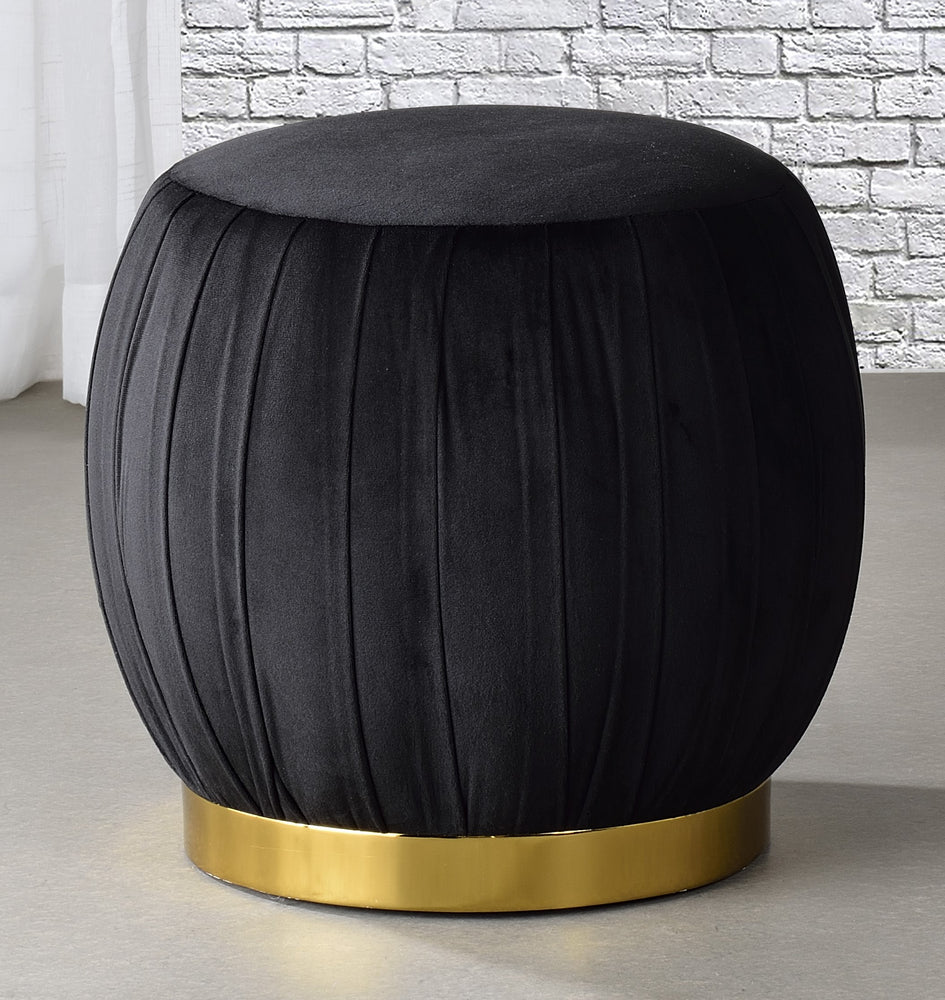 Zinnia Black Velvet Round Ottoman with Gold Base