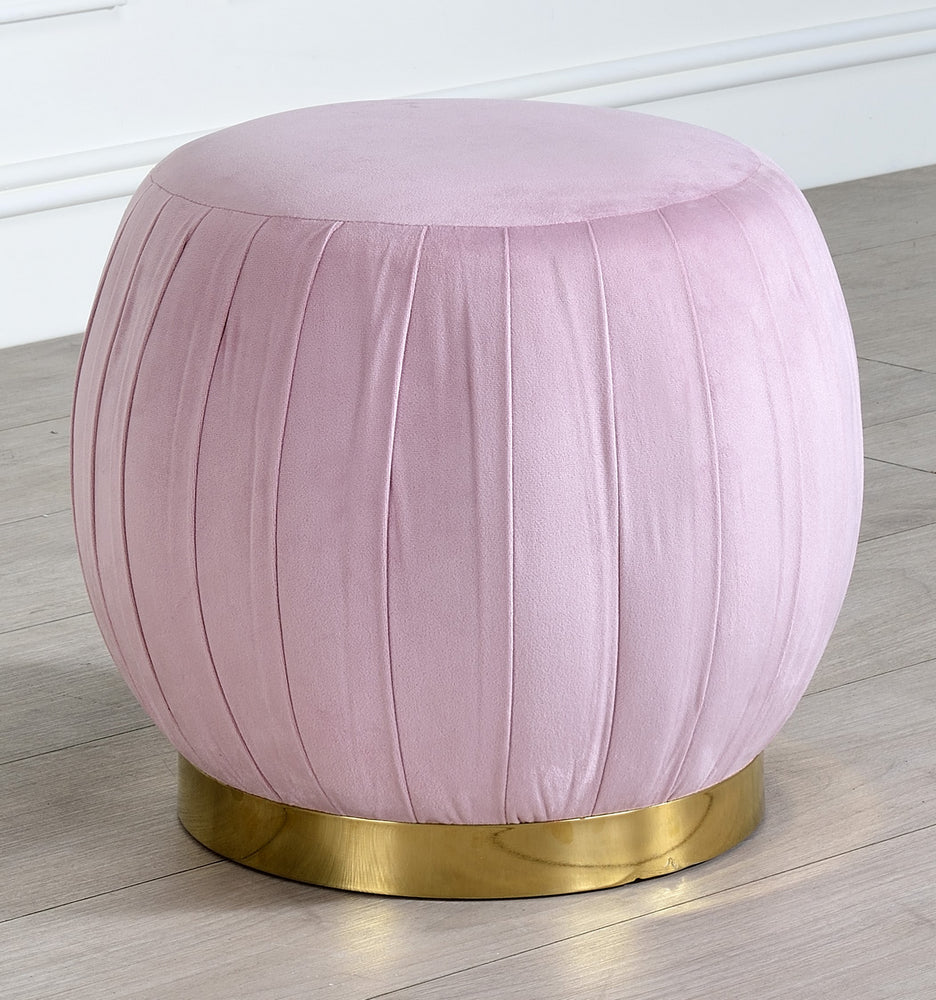 Zinnia Pink Carnation Velvet Round Ottoman with Gold Base