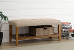 Charla Beige Fabric/Oak Wood Bench with Shelf