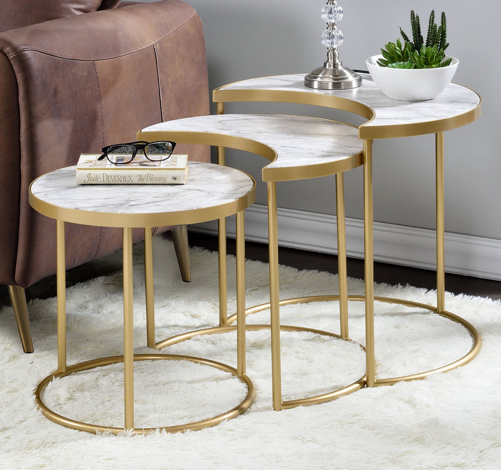 Anpay 3-Pc Faux Marble/Gold Metal Nesting Table Set