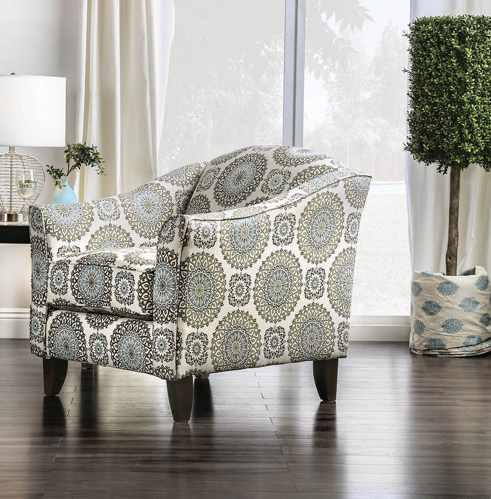 Misty Blue Woven Fabric Floral Chair