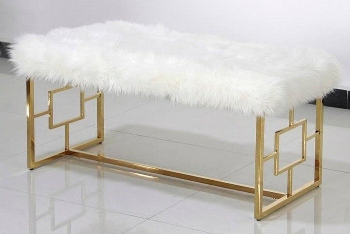 Ruth White Faux Fur/Gold Plated Accent Bench