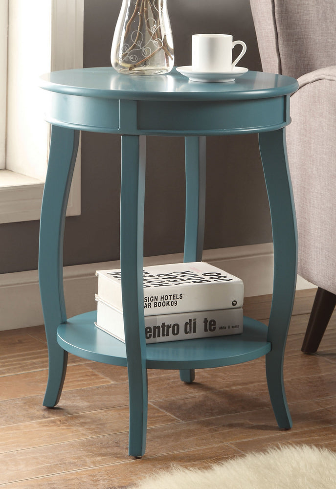 Aberta Teal Wood Round Side Table with Shelf