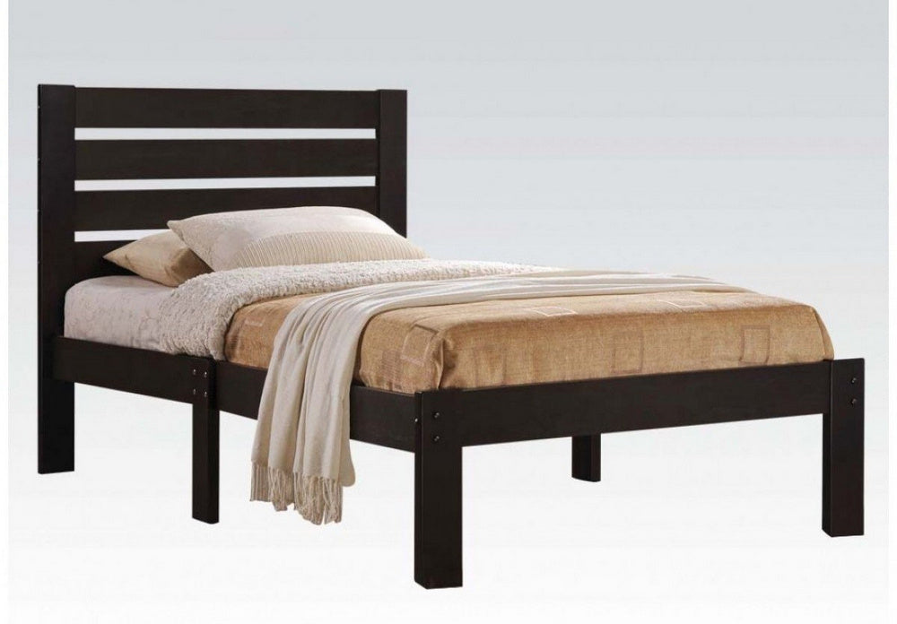 Kenny Espresso Wood Full Panel Bed with Slatted Headboard