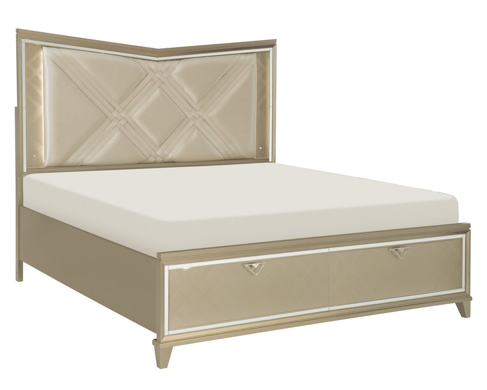 Bijou Champagne Metallic Wood King Bed with Storage