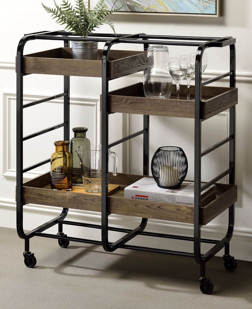 Vorrik Black Metal/Walnut Wood Serving Cart with Adjustable Trays