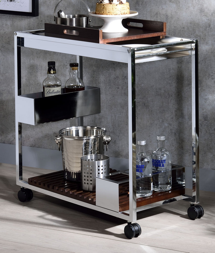 Lisses Chrome Metal/Wood Serving Cart with Wine Bottle Rack