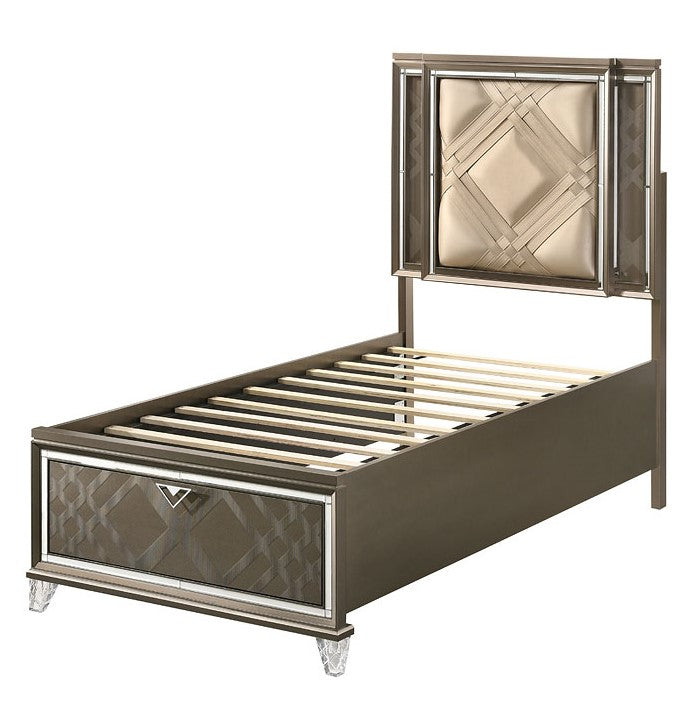 Skylar Dark Champagne Wood/PU Leather Twin Bed with Storage