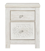 Paxberry Whitewash Wood 2-Drawer Nightstand with Carved Pattern