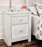 Paxberry Whitewash Wood 2-Drawer Nightstand with Carved Pattern