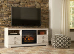 Willowton Whitewash Wood Large TV Stand with Infrared Fireplace Insert