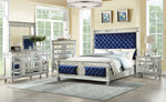 Varian Blue Velvet Tufted Bench with Mirrored Trim Legs